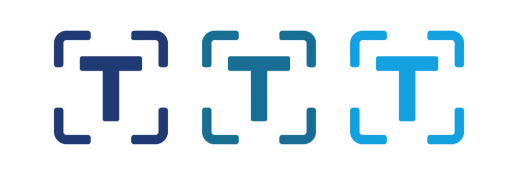 Set of three blue text recognition icons with letter T in focus frames.