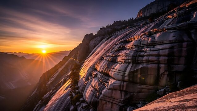 Textured stone mountain face at golden hour sunset.