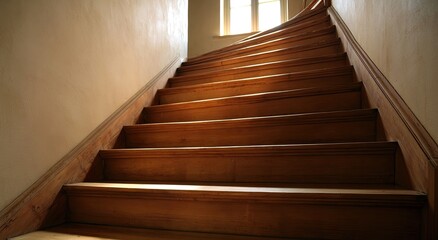 Naklejka premium Sunlit wooden staircase ascends gently towards a window
