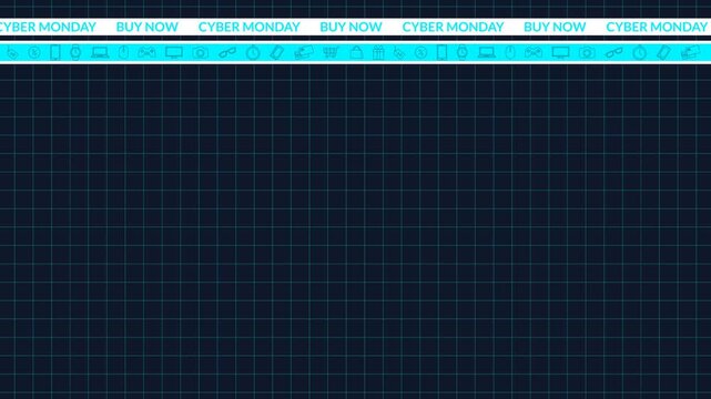 Seamless looping background animation of moving Cyber Monday text stripes and shopping elements with dark blue grid text copy space area. Flat style promo frame banner template design concept