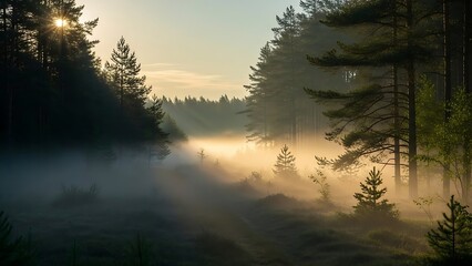 Obraz premium Thick morning fog in a pine forest clearing
