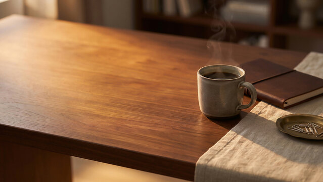 暖かな午後の光が差すウォールナットの机とコーヒー