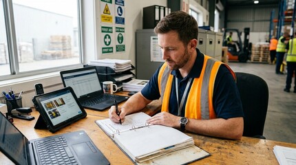 Fototapeta premium Safety inspector filing a completed rack safety inspection report including load-capacity placard photos at a desk – Warehouse Slotting Optimization Stock Photo