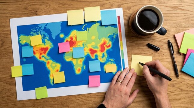 A heat map printout covered in sticky notes beside a marker and a coffee cup &ndash; Warehouse Slotting Optimization Stock Photo