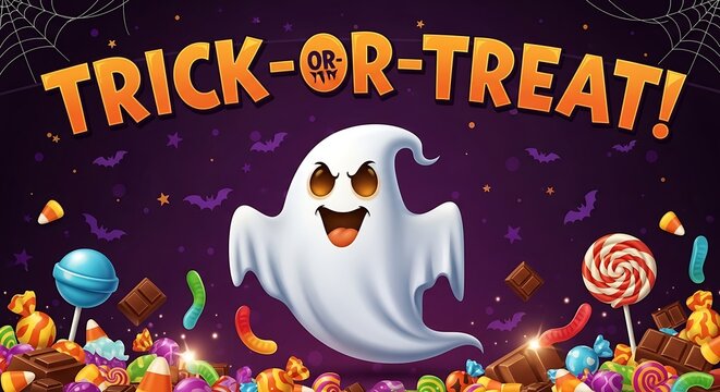 Fun festive holiday banner featuring a friendly ghost surrounded by delicious sweets and colorful candy treats during the spooky autumn night celebration party event for children and families