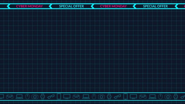 Seamless looping background animation of moving Cyber Monday text stripes and shopping elements with dark blue grid center text copy space area. Flat style promo frame banner template concept