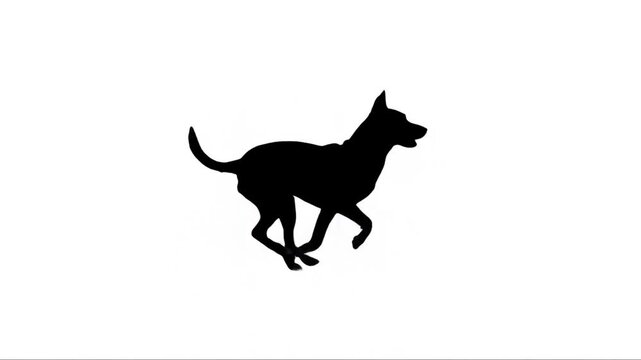 Tracking shot of dog trotting across white studio background in silhouette isolated profile motion