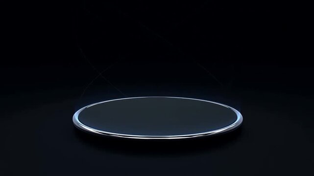 Time lapse glowing ring forming, rising, and fading around circular platform on dark studio pedestal with soft blue rim light and minimal black background