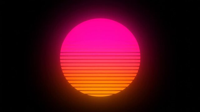 Slow motion pulsing and rising retro sun graphic on black background with horizontal scan lines, centered composition, neon gradient glow