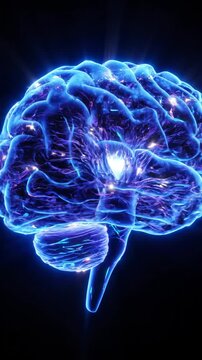 A dynamic digital animation showcasing a glowing blue brain with neural activity highlighting complex connections and network patterns in a futuristic sci-tech style.