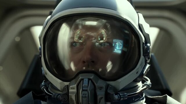 Closeup tracking shot of astronaut looking through reflective helmet visor inside spacecraft cockpit with subtle head turn and hud reflections