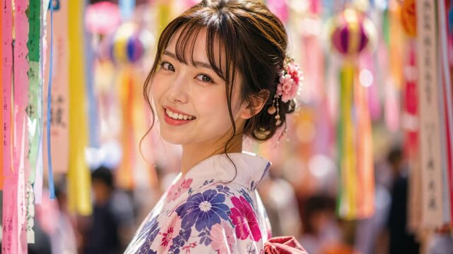 Smiling woman in floral yukata at sendai tanabata festival, colorful streamers, paper wishes, lantern glow, summer street celebration, traditional japanese holiday, crowd bokeh, portrait