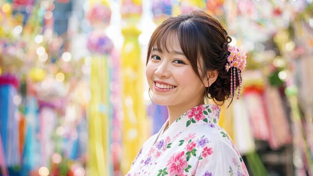 Young woman in floral yukata at sendai tanabata, paper streamers kusudama lantern decorations, star festival celebration in japan, smiling portrait with colorful festive background