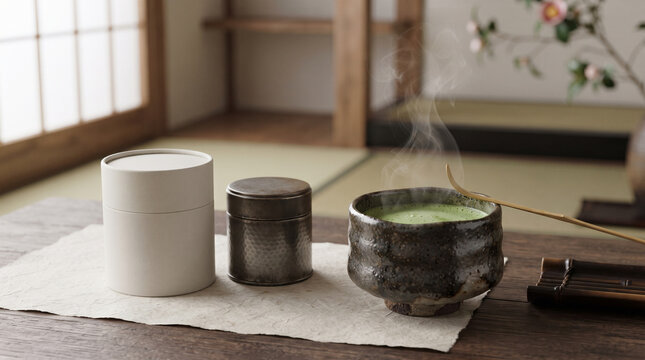 A serene Japanese tea ceremony setup with a steaming bowl of matcha, two traditional tea caddies, and a bamboo whisk on a tatami mat