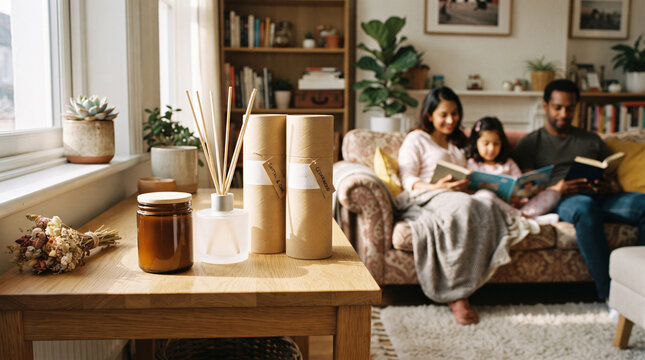 A diverse family relaxing and reading together on a comfortable sofa in a cozy living room. Sunlight streams in through a window, illuminating the room and creating a warm, inviting atmosphere