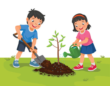 children gardening planting watering young tree in the garden