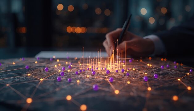 Business executive planning global operations on interactive map with glowing digital data points business planning strategy logistics connection technology management corporate analysis