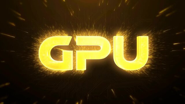Tracking shot zooming in on glowing gpu logo with golden sparks on dark circuit board background slow reveal animation