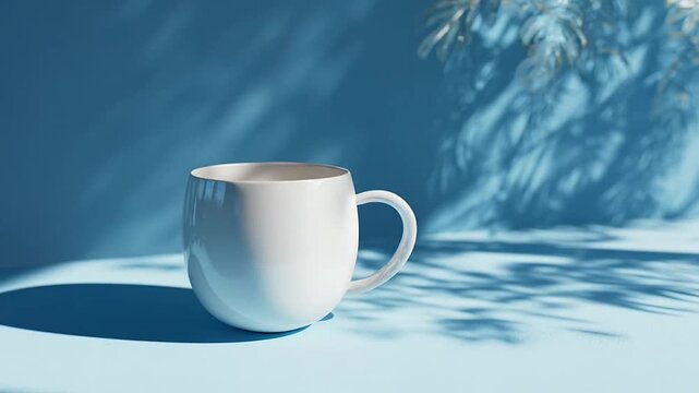 White porcelain mug on a vibrant blue background wall.