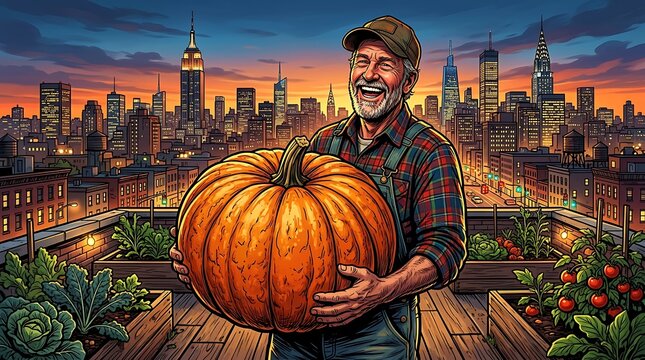 Happy senior farmer holding a giant pumpkin in an urban rooftop garden