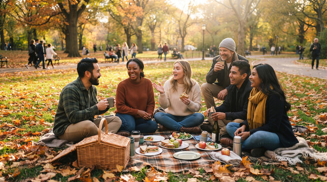 A group of friends enjoying a delightful picnic in a park during autumn. The park is adorned with colorful fall foliage, creating a vibrant and cheerful atmosphere. People are sitting on a blanket.