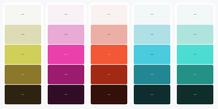 Minimalist color palette swatches, vector color guide with complementary shades, modern design swatches for branding and UI design projects