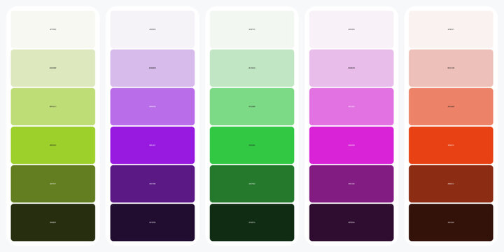 Color palette swatches vector set, monochromatic gradient color schemes, professional design guide with green purple and orange tones