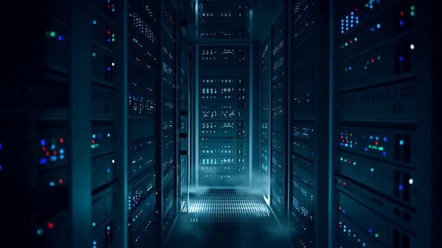 Tracking shot moving forward through dimly lit server racks with blinking multicolor status lights along narrow data center aisle with low fog atmosphere