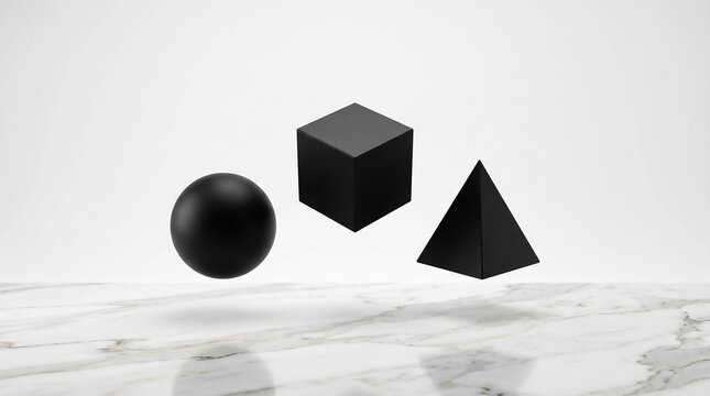 Three Black Geometric Shapes Floating Above Marble Surface