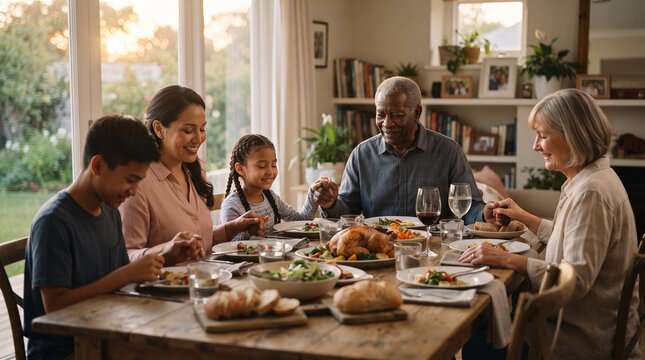 A multi-generational family gathered around a dinner table, sharing a meal and holding hands in prayer. The atmosphere is warm and intimate, with soft light streaming in from the windows