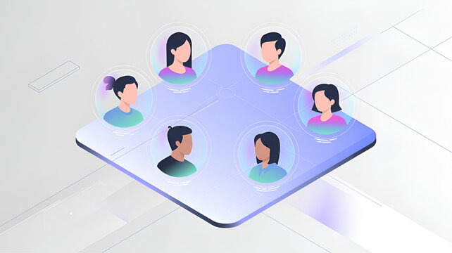 Diverse professional group avatars arranged in a modern isometric layout showcasing digital connectivity and teamwork through stylized vibrant gradients on a clean minimalist light background represen