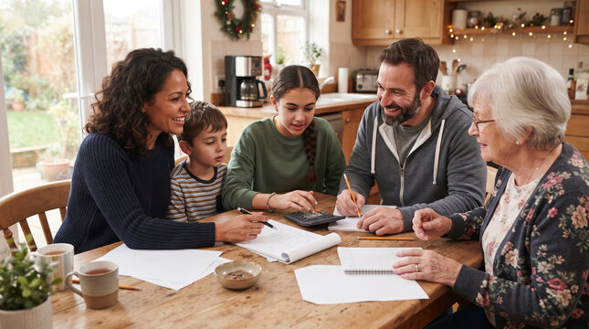 A multi-generational family gathered around a kitchen table, discussing and working on financial documents together.