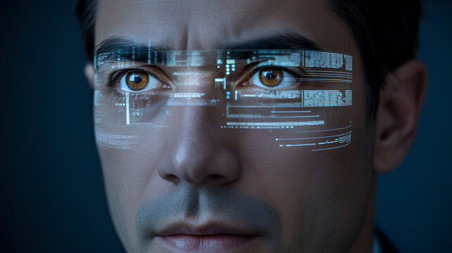 Focused man looking forward with advanced digital data holographic interface projections reflecting in his brown eyes while wearing high tech eyewear in a dark studio setting with cinematic blue light