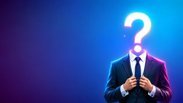 A businessman with a glowing question mark replacing his head against a neon background. Concept of problem solving and anonymous leadership.