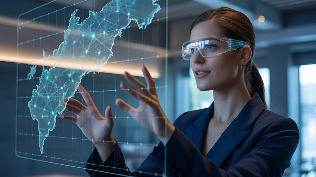 Professional woman wearing modern safety glasses interacts with a floating holographic world map interface while using advanced augmented reality technology to analyze data in a high tech sleek corpor
