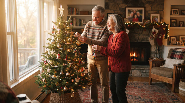 A happy senior couple decorates a Christmas tree in their cozy living room, bathed in warm sunlight from a large window. The fireplace in the background adds to the festive atmosphere
