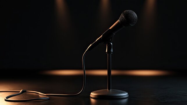 A spotlight illuminates a microphone on a stand against a dark background
