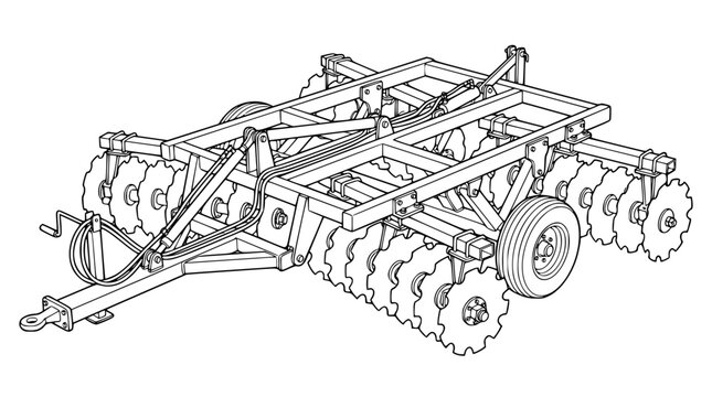 Agricultural Disc Harrow Farming Equipment Line Art Illustration