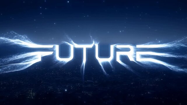 Tracking shot revealing future logo with expanding particle trails and glowing light over nocturnal city skyline