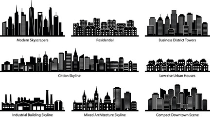 Fototapeta premium City Skyline and Urban Architecture Silhouette Set with Modern Skyscrapers, Residential Buildings, Business Districts, Low Rise Houses, Factories, and Downtown Scenes