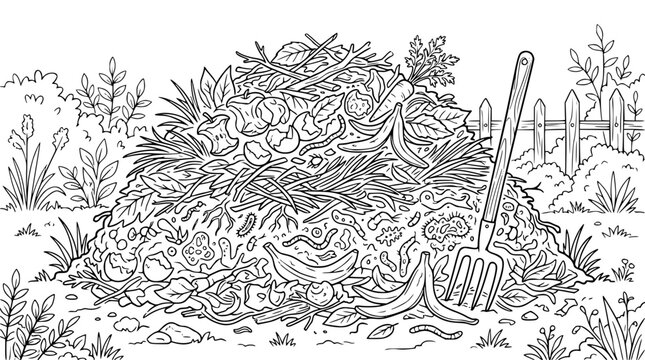 Garden compost pile with organic waste coloring page illustration