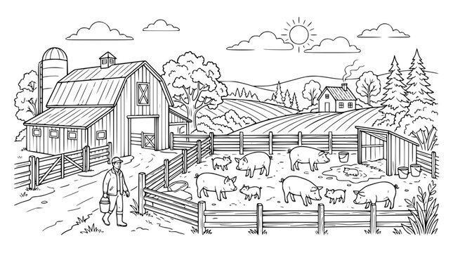 Farm coloring page with pigs barn and farmer illustration