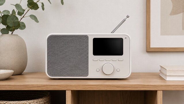 Minimalist modern white digital radio speaker on a wooden table.