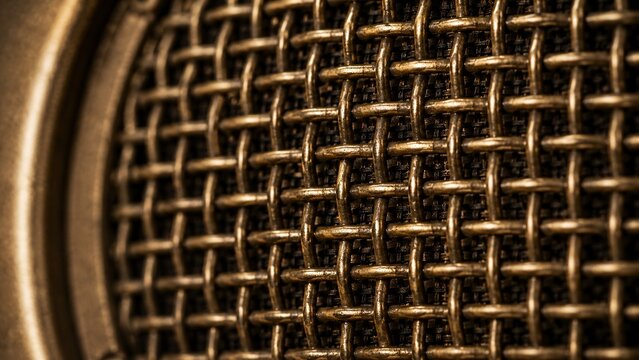 Macro close-up texture of an old vintage radio speaker grill mesh.