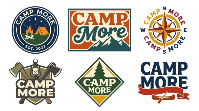 A collection of six distinctive logo designs for 'Camp More' featuring outdoor elements like camping gear and nature, perfect for outdoor enthusiasts and adventure-themed branding.