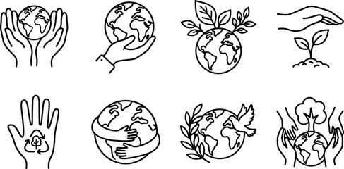Obraz premium Ecology and Earth Day Line Icon Set Featuring Hands Holding Globe, Plants, Leaves, Recycling Symbols, and Peace Dove for Environmental Designs