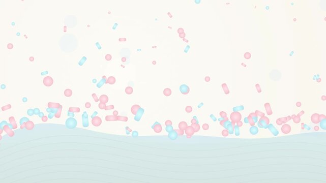 3D animation of plaque formation with abstract pink and blue particles accumulating on a wavy surface representing cellular buildup or arterial blockage