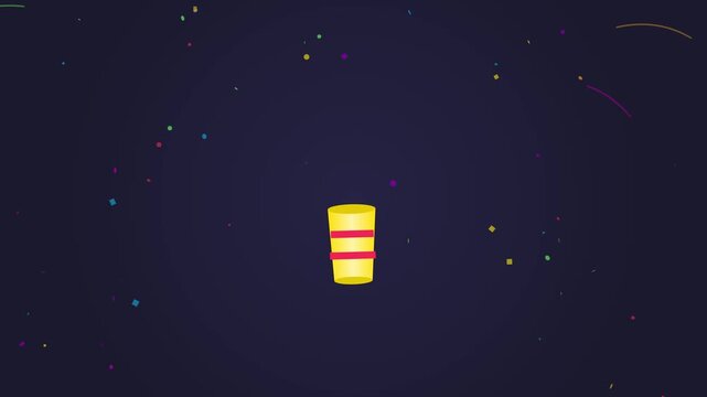 Minimalist vector illustration of a yellow cup with red stripes floating in a dark starry space background.