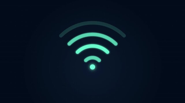 Glowing neon wireless internet connection icon on a dark blue background.