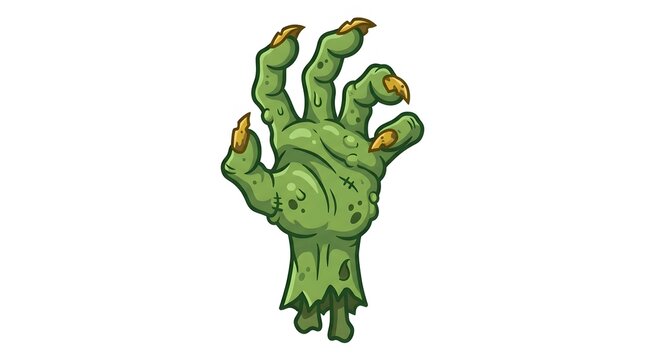 A creepy green severed zombie hand illustration isolated on a plain white background for halloween themed graphic design projects